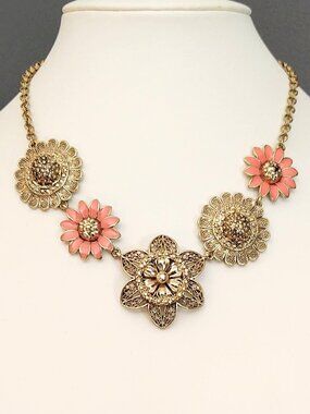 Gold and orange enamel floral necklace
